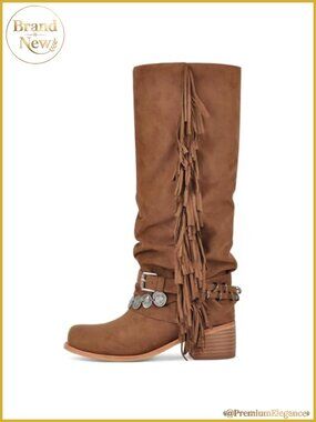 Women's Knee High Riding Boots Fringe Buckle Strap Chunky Heel Square Toe